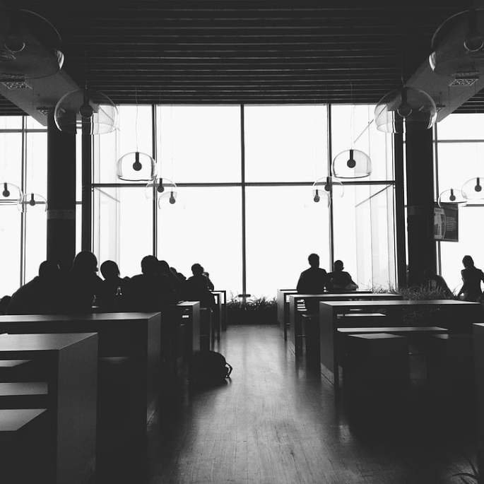 Free photo: silhouette, sitting, people, front, table, black and white, tables - Hippopx